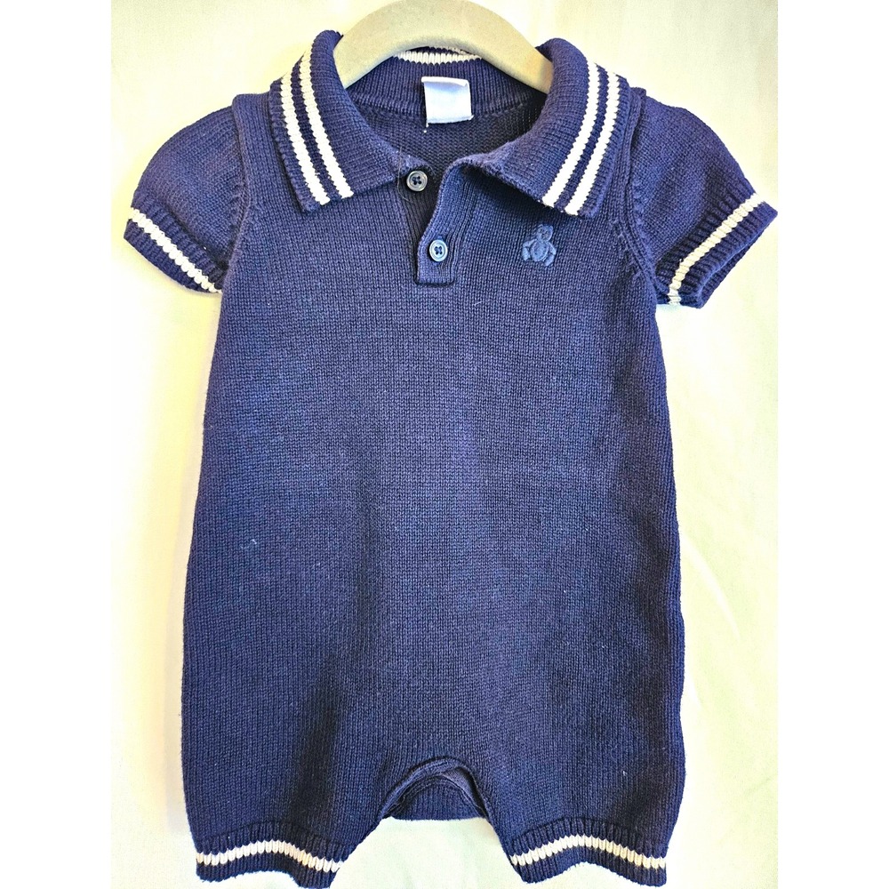 GAP Baby Blue Knit Collared Polo Romper One-Piece 3-6 Months Button Logo